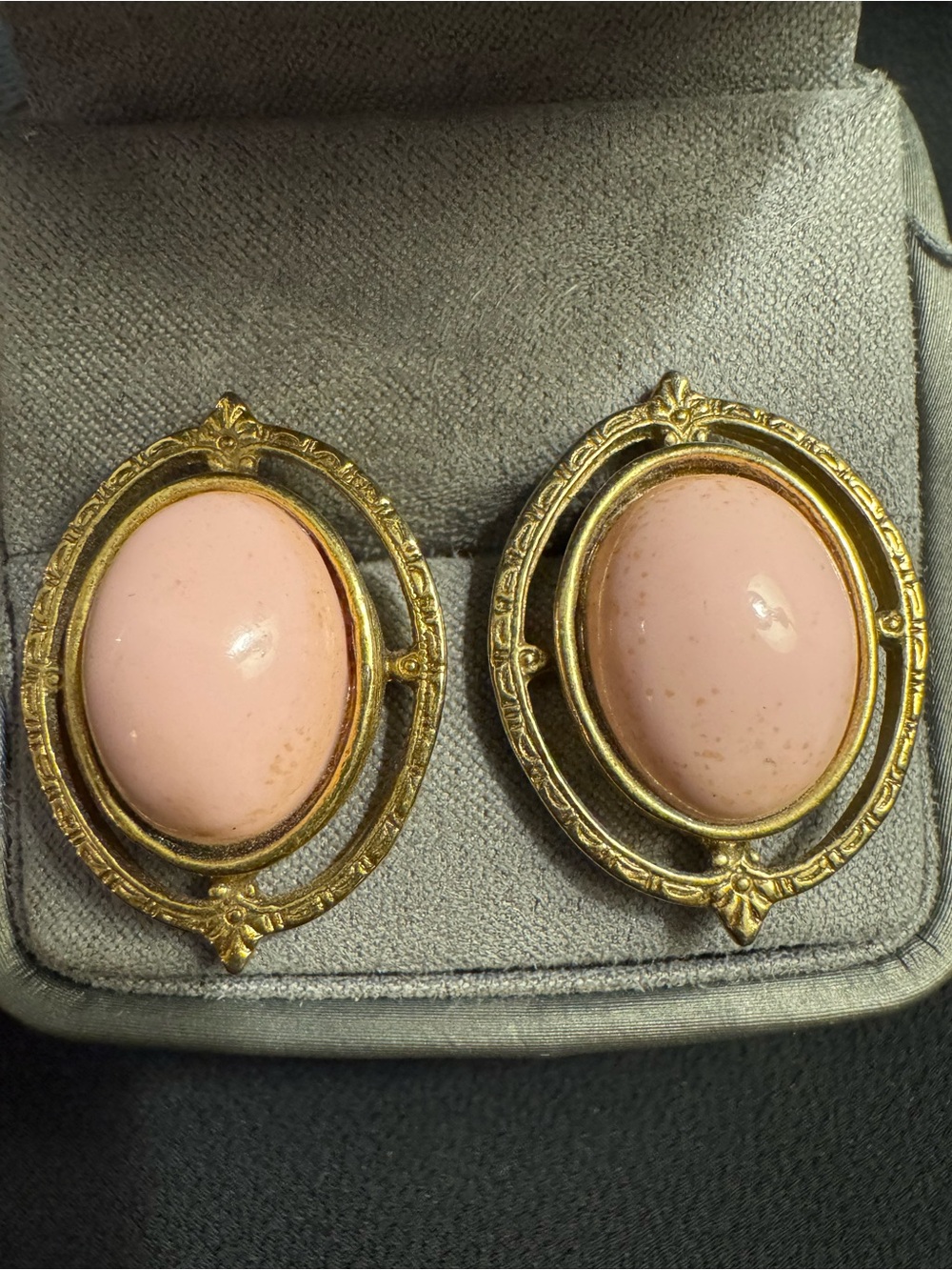 Vintage Gold Tone Pink Cabochon Ornate Oval Statement Earrings